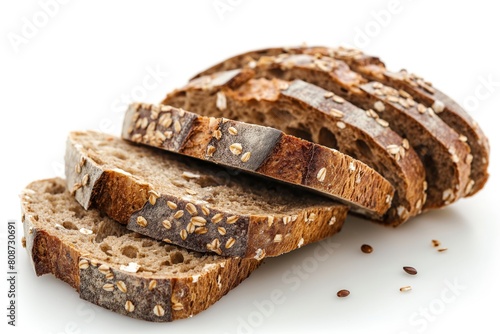 Several slices of fresh multigrain bread with visible seeds and grains, isolated on a white background photo