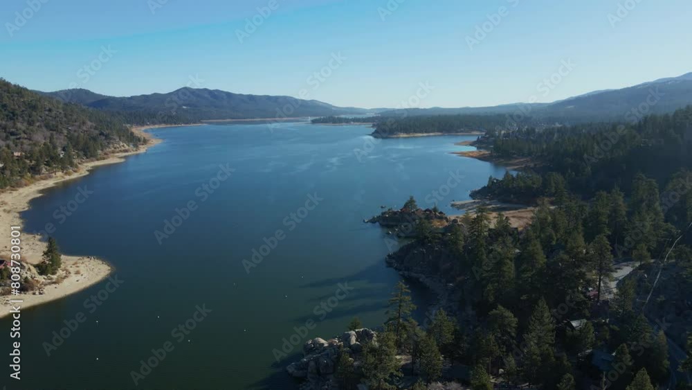 Aerial View Of Big Bear Lake Reservoir In San Bernardino County, California, United States. Drone Lowering Shot Aerial View Of Big Bear Lake Reservoir In San Bernardino County, California, United States. Drone Lowering Shot