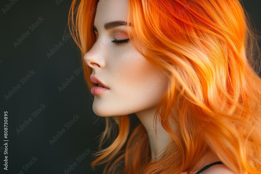 Close-up of a woman with vibrant red hair and subtle makeup against a dark backdrop Close-up of a woman with vibrant red hair and subtle makeup against a dark backdrop