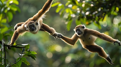 Agile gibbons swinging effortlessly from vine to vine, their acrobatic movements a testament to their mastery of the jungle environment. photo