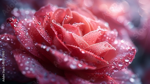A macro photography scene capturing the moment fine pink dust particles settle on a dew-covered rose petal, highlighting the intricate textures and vibrant color contrasts. photo
