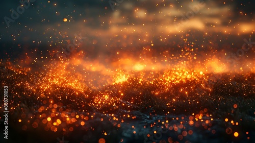 A metaphorical representation of an amber field where ideas or dreams are visualized as glowing embers, each one burning brightly and slowly fading into the amber background. photo