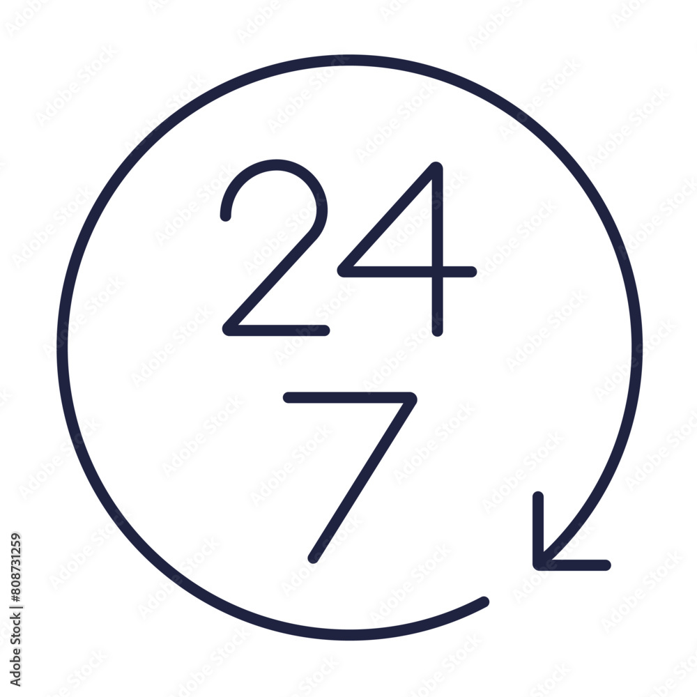 24 7 service line icon. Customer support concept. Outline symbol for web and mobile. 24 hours a day, 7 days a week. Simple online help logo on white background. Editable vector stroke. Pixel Perfect. 24 7 service line icon. Customer support concept. Outline symbol for web and mobile. 24 hours a day, 7 days a week. Simple online help logo on white background. Editable vector stroke. Pixel Perfect.