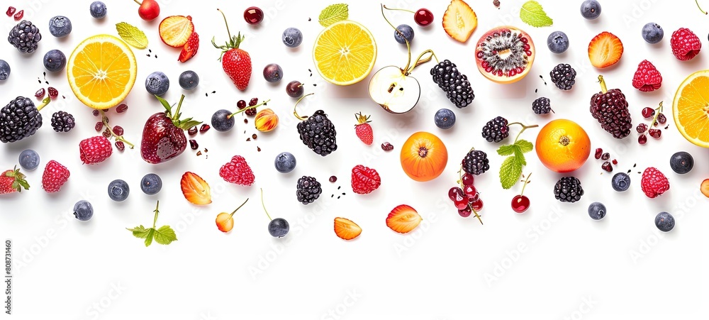Wide panoramic photo of fruits, vegetables, berries for your layout, isolated on a white background. 