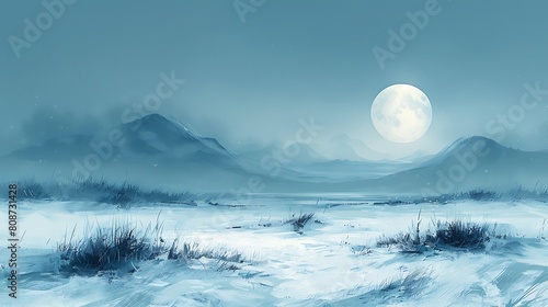 A minimalist depiction of a snowy field under the subtle glow of the moon, focusing on the purity and calm of the winter night. photo