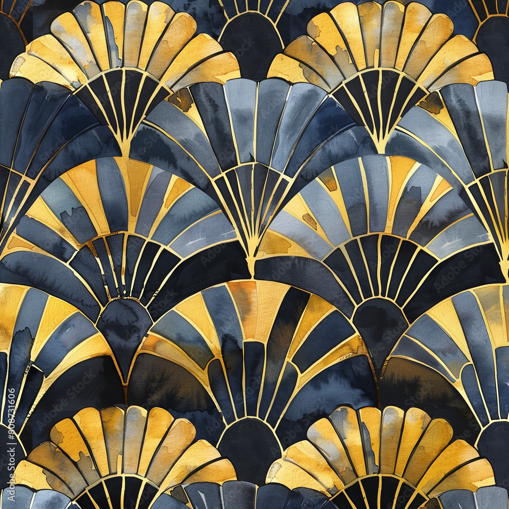 This art deco-inspired wallpaper pattern features symmetrical fan shapes in vibrant yellow and blue tones, reminiscent of the iconic style of the 1920s. The fan shapes are arranged in a symmetrical This art deco-inspired wallpaper pattern features symmetrical fan shapes in vibrant yellow and blue tones, reminiscent of the iconic style of the 1920s. The fan shapes are arranged in a symmetrical
