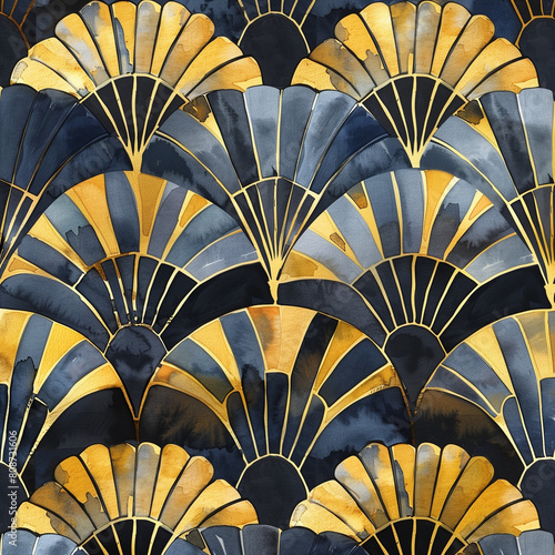 This art deco-inspired wallpaper pattern features symmetrical fan shapes in vibrant yellow and blue tones  reminiscent of the iconic style of the 1920s. The fan shapes are arranged in a symmetrical 