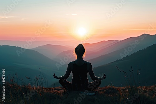 a woman is sitting in a lotus position on top of a mountain at sunset