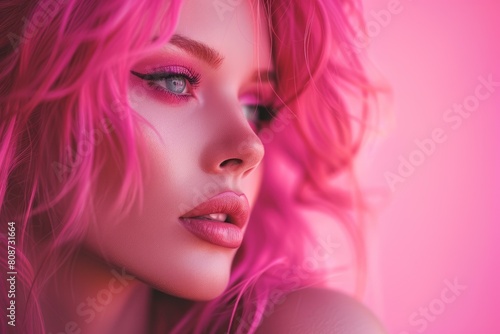 Close-up of a young woman with pink hair and makeup on a vibrant background