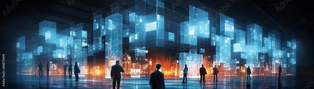 A group of people are standing in front of a large building with many windows. The building is blue and the people are wearing suits. Scene is professional and serious A group of people are standing in front of a large building with many windows. The building is blue and the people are wearing suits. Scene is professional and serious