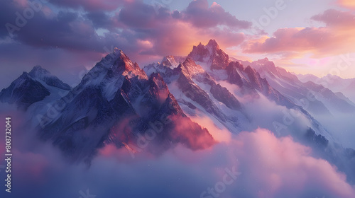A photo featuring majestic mountains in a misty dawn. Highlighting the rugged peaks of the mountains  while surrounded by swirling clouds