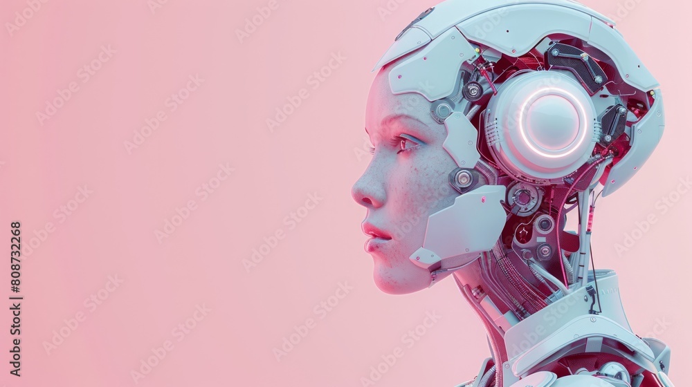 Humanoid robot or cyborg woman on pink background with copy space Humanoid robot or cyborg woman on pink background with copy space