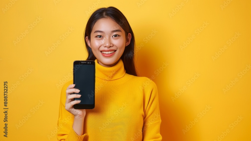 She is holding a smartphone mockup with a blank screen while smiling on a yellow background. She is holding a smartphone mockup with a blank screen while smiling on a yellow background.