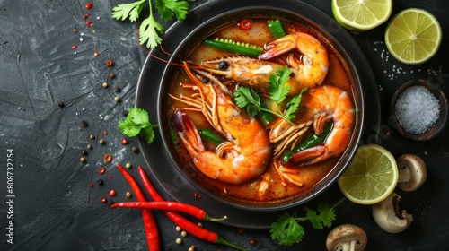 Hot and sour spicy shrimps prawns soup curry lemon lime galangal red chili straw mushroom on table food, Shrimp soup on seafood soup bowl with thai herb and spices, Thai Food Tom Yum Kung