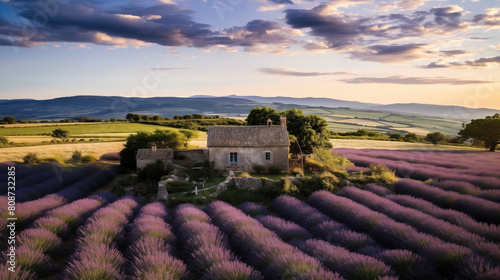 Fields of lavender and an old house in the lavender fields of Provence province, France.