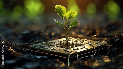 A small plant is growing on top of a computer chip. Concept of growth and development, as the plant is thriving in an unlikely environment photo