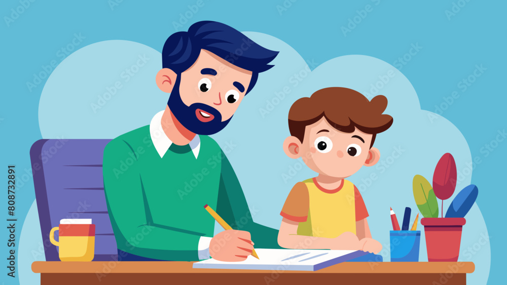 Man Helping Child with Homework and Writing. Perfect for: Father's Day, Children's Day, Back to School Day
, Education Support, Tutoring Sessions, Parental Guidance. Man Helping Child with Homework and Writing. Perfect for: Father's Day, Children's Day, Back to School Day
, Education Support, Tutoring Sessions, Parental Guidance.