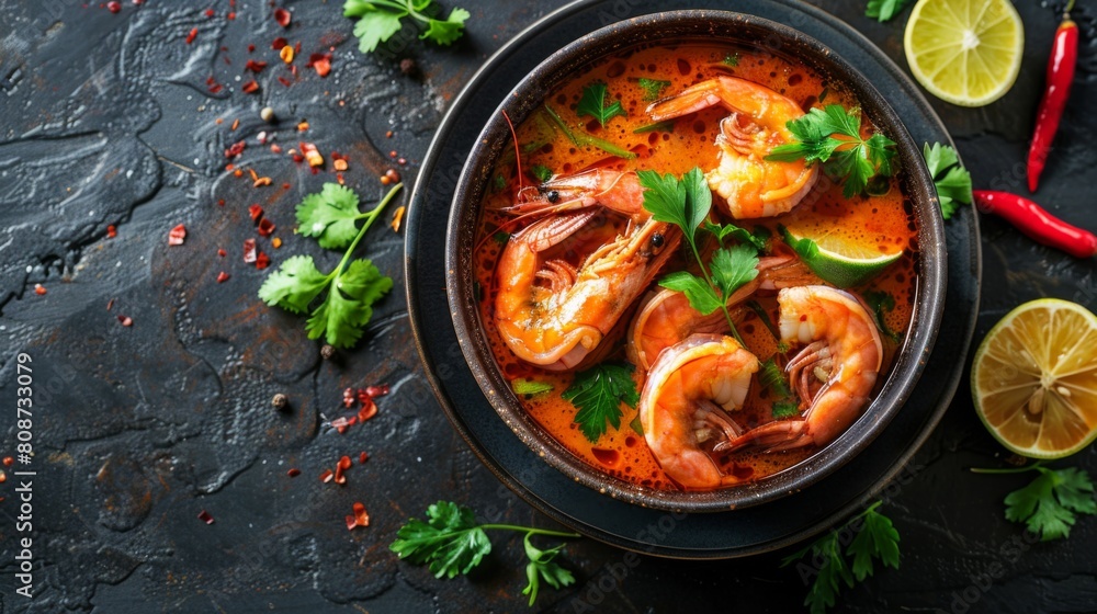 Hot and sour spicy shrimps prawns soup curry lemon lime galangal red chili straw mushroom on table food, Hot and sour spicy shrimps prawns soup curry lemon lime galangal red chili straw mushroom on table food,