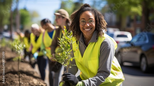 A woman in a yellow vest is planting a tree. She is smiling and surrounded by other people in yellow vests
