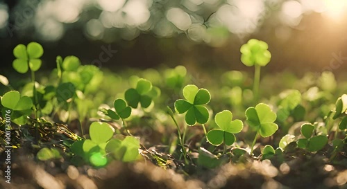 Fourleaf Clovers field in the sun photo