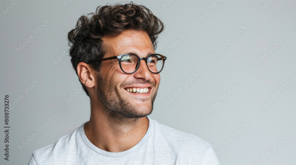 Portrait of a young man on a white background wearing glasses. Smiling man posing on a white background. Lifestyle. Portrait of a young man on a white background wearing glasses. Smiling man posing on a white background. Lifestyle.