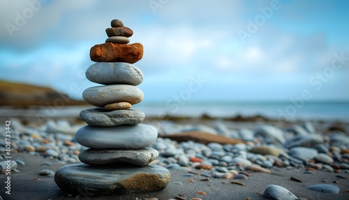 Balanced Stack of Smooth Pebbles on a Rocky Beach by the Ocean photo