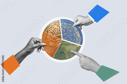 Human hands symbolizing teamwork working on a pie chart with ai symbol in it. Arms point fingers hold pieces diagram chart. Distribute AI antel on the market. photo