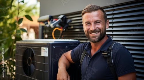 A man in a blue shirt is smiling and posing in front of an air conditioner. He is wearing a backpack and he is a technician