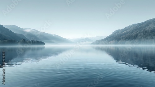 A minimalist view of a lake with white mist swirling over the water, reflecting a calm and pristine morning.
