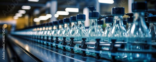 A row of bottles on a conveyor belt in a factory. The bottles are all clear and have black lids photo