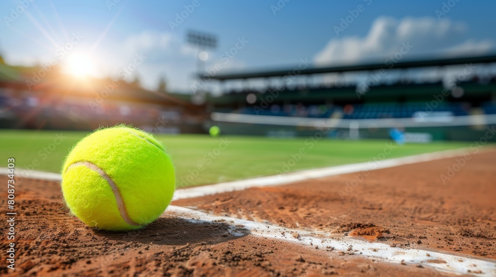 Craft an evocative digital artwork featuring a close-up view of a tennis ball on the clay court, with