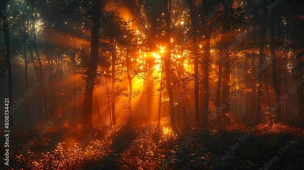 A mystical forest scene at twilight, illuminated by luminous beams of deep amber light filtering through the dense canopy, casting long shadows and creating a magical, otherworldly atmosphere.
