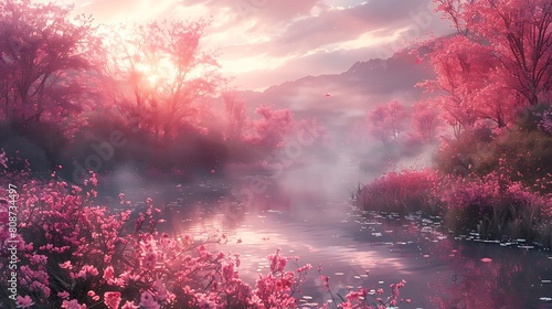 A panoramic landscape of a fantastical rosewater river, flowing through a dreamy land with the riverbanks painted in vibrant shades of pink and light rose, evoking a sense of wonder and tranquility.