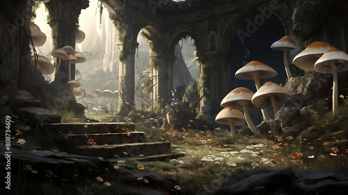 Agaricus mushrooms growing in the ruins of an ancient temple, with vines and flowers reclaiming the stones. photo