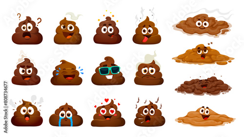 Cartoon poop emoji, funny poo excrement characters, happy toilet shit emoticons vector set. Stinky brown poop, excrement, crap, turd, dung or feces piles with comic faces, sunglasses, hearts and tears photo