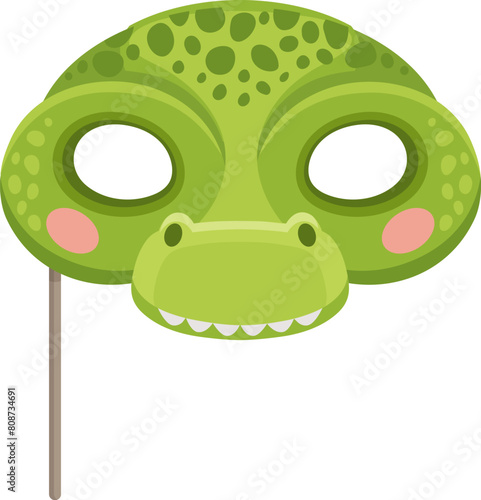 Crocodile cartoon mask for carnival or birthday party masquerade, vector animal face costume. Funny cartoon croco lizard muzzle mask on stick for kids birthday event and happy zoo animal face costume