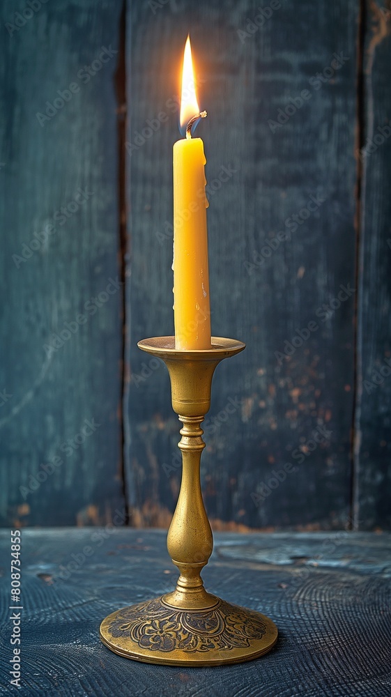 An antique brass candle stand set against a backdrop of dark timber with a burning candlestick An antique brass candle stand set against a backdrop of dark timber with a burning candlestick