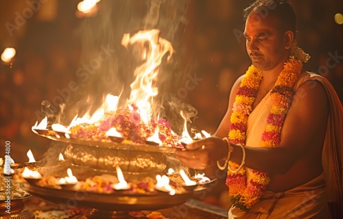 Flowers and flames during the Aarti ceremony in Varanasi photo