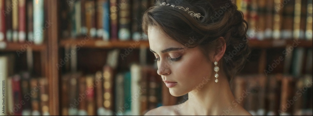 Woman in ballgown looking down at her hands with head tilted to left side, standing inside library full of books, dark hair updo, wearing pearl earrings, medium shot, warm tones Woman in ballgown looking down at her hands with head tilted to left side, standing inside library full of books, dark hair updo, wearing pearl earrings, medium shot, warm tones