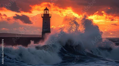 A photo featuring a solitary lighthouse against a dramatic sunset sky. Highlighting the beacons guiding light, while surrounded by crashing waves