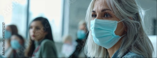 A group of women with gray hair, wearing medical masks in an office building during the day. The focus is on one woman's face as she looks at something outside the camera view. In the background blur