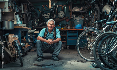 An extremely happy satisfied man sitting in the middle of his garage near a cycling bikes