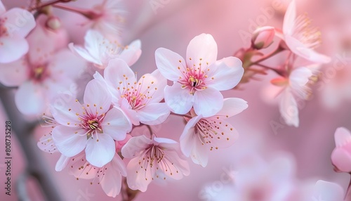 Delicate Pink Cherry Blossoms in Full Bloom During Springtime