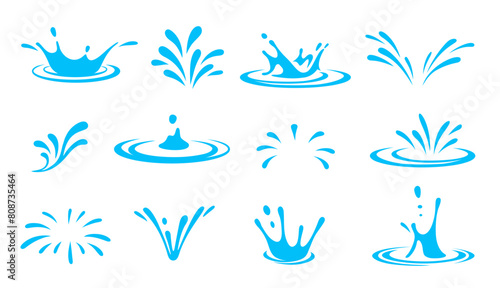Cartoon water splash effects depict fluid dynamic splashing, droplets and ripples in motion. Isolated vector set of liquid splatters, aqua or water splashes and swirls for animation and visual effects photo