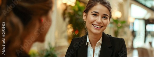 A young woman hotel receptionist in an elegant black blazer and white blouse, her gaze directed towards us with confidence and a kind smile, she stands against a soft background with green trees