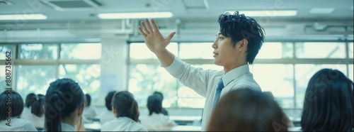  Japanese male teacher in his thirties is raising one hand to teach while facing the students  wearing a white shirt and blue tie uniform of a high school  in a modern classroom with a bright lighting
