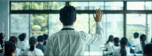  Asian man in a white shirt raised his hand to put on glasses and run around with students behind him. The large glass window. photo