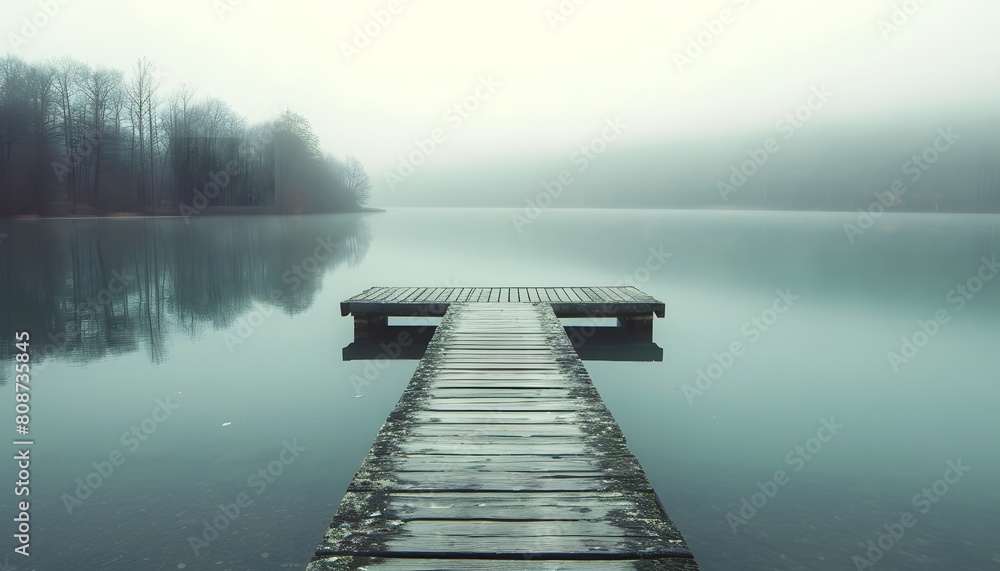 Fototapeta premium Serene Wooden Dock Overlooking a Misty Lake in Early Morning
