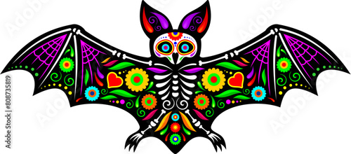 Mexican bat animal tattoo day of the dead sugar skull. Vector flittermouse skeleton with outspread wings and intricate floral patterns, symbolizing night, remembrance and cycle of life and death