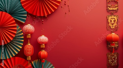 This banner backdrop template depicts a traditional festival with paper fans with lanterns against a red background.